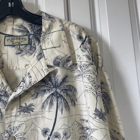 Pusser's Linen Light Beige Black Hawaiian Print Short Sleeved Button Up Shirt XL - Picture 3 of 10